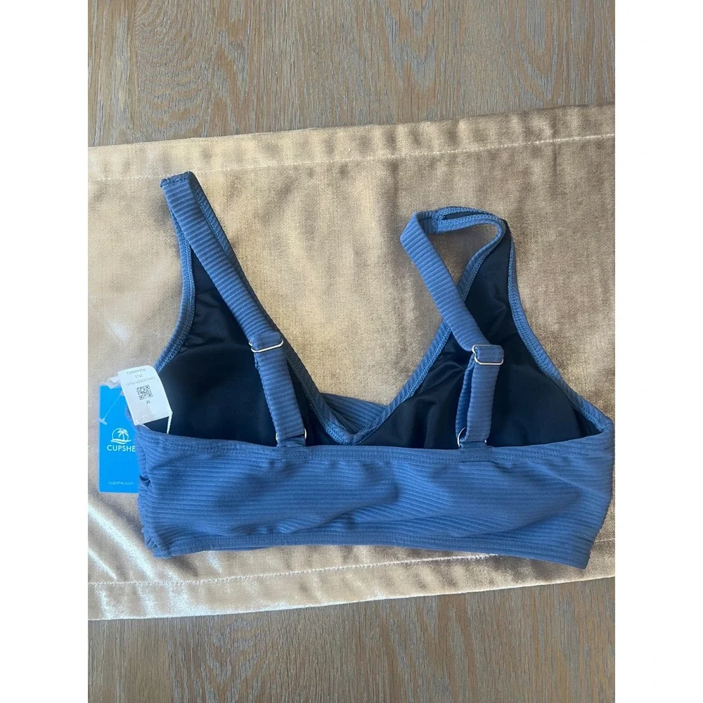 Cupshe Blue Ribbed Twist Front Bikini Top